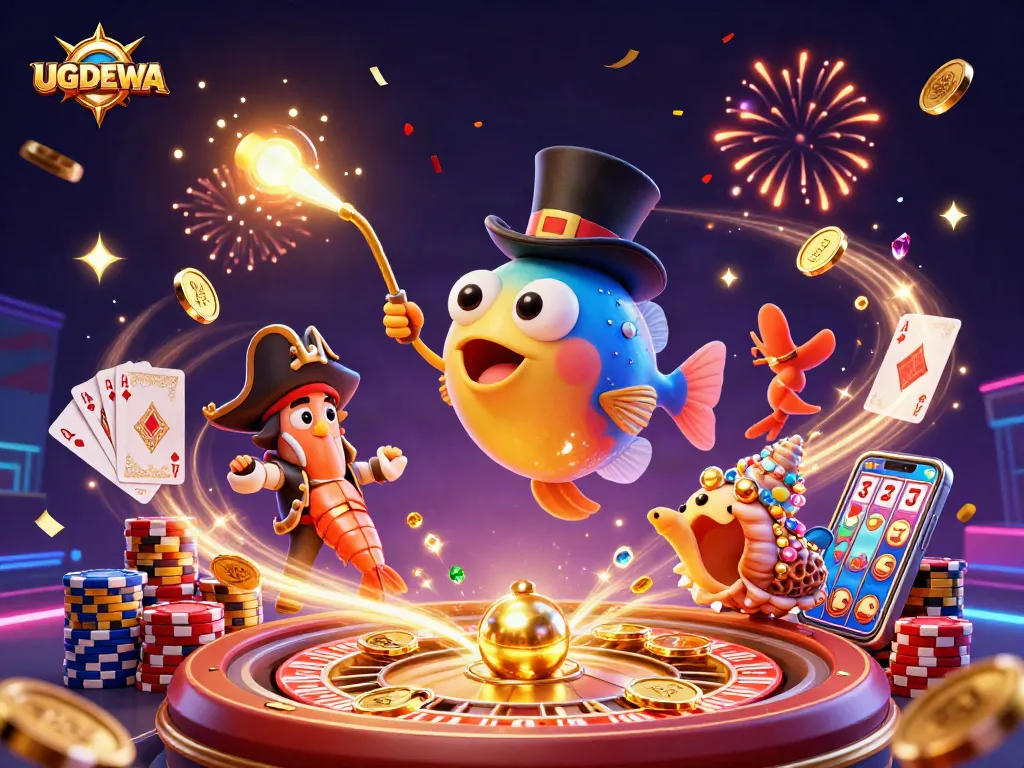 Engage with UGDEWA's vibrant casino world featuring a pirate shrimp and treasure fish.