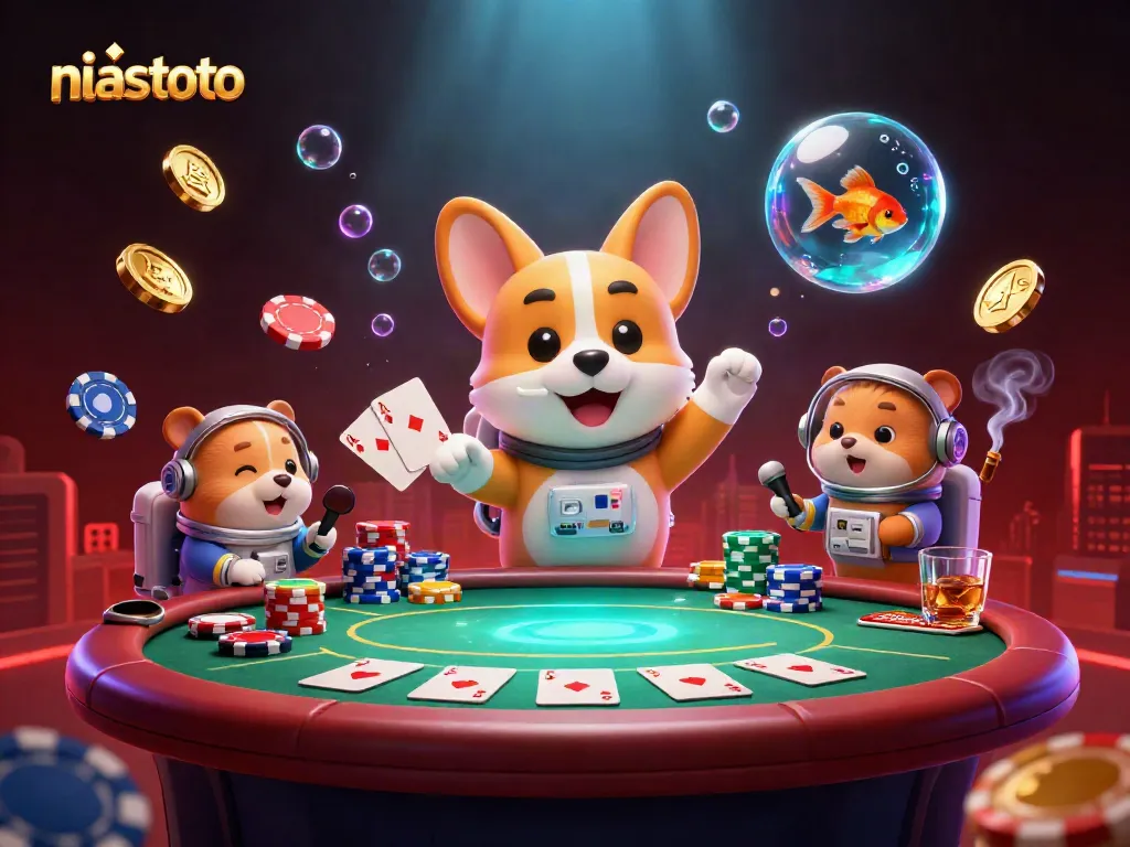 Gambarkan niastoto dengan pemain kasino dan komponen permainan uang di luar angkasa.