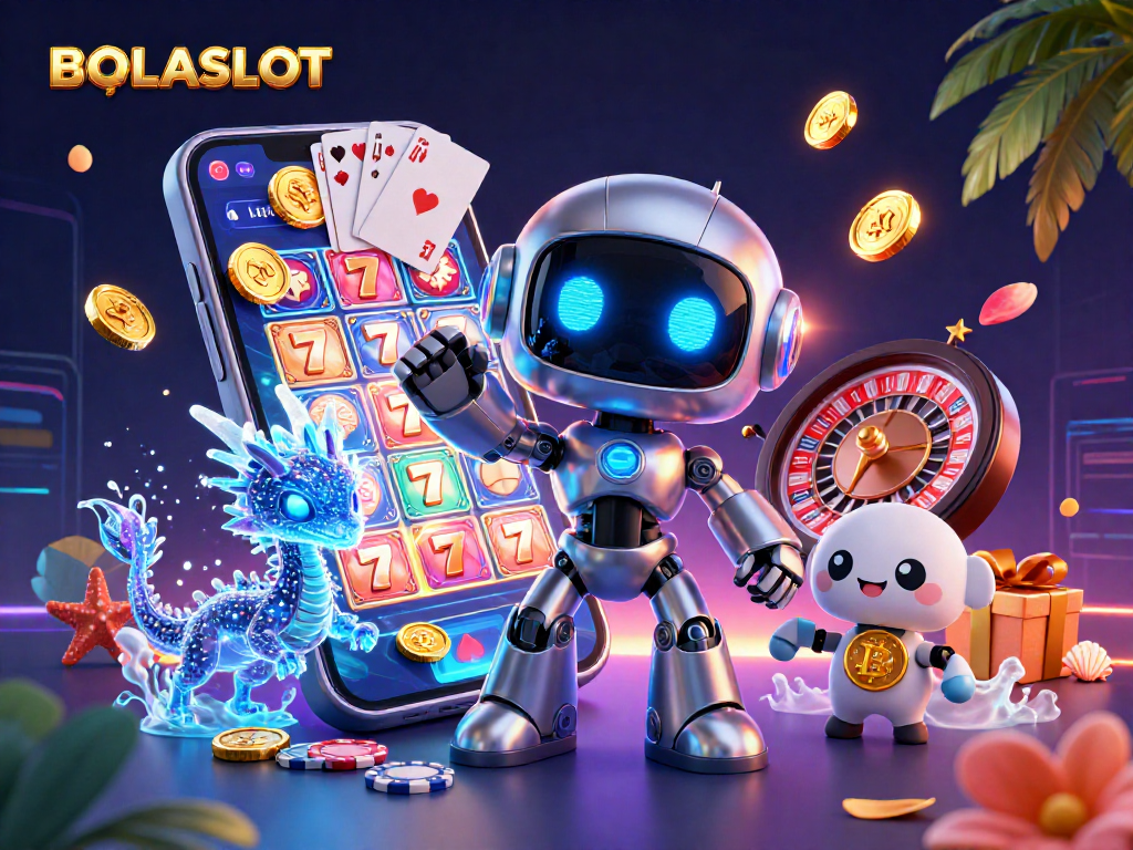 BOLASLOT showcases a vibrant 3D casino scene with spinning slot games and neon accents, depicting winning moments.