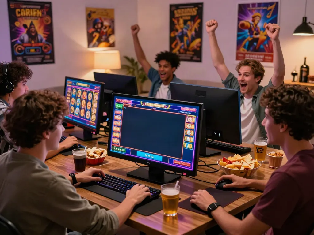Friends enjoying an exciting night playing slot online games together, showcasing vibrant graphics and game atmosphere.