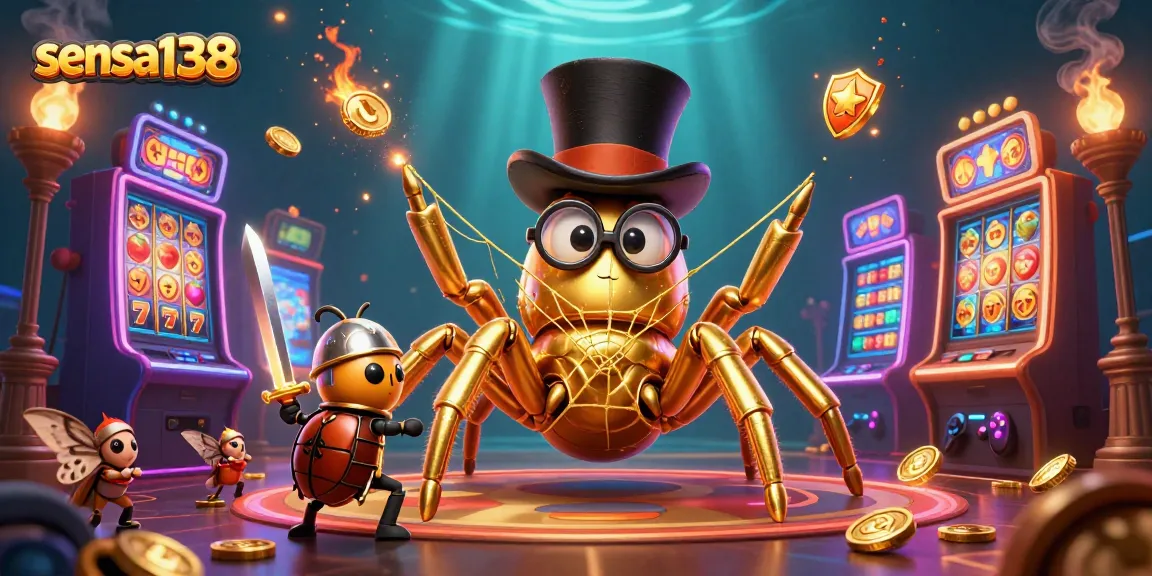 Sensa138 offers thrilling casino adventures featuring a giant golden tarantula and beetle knight in a vibrant gaming scene.