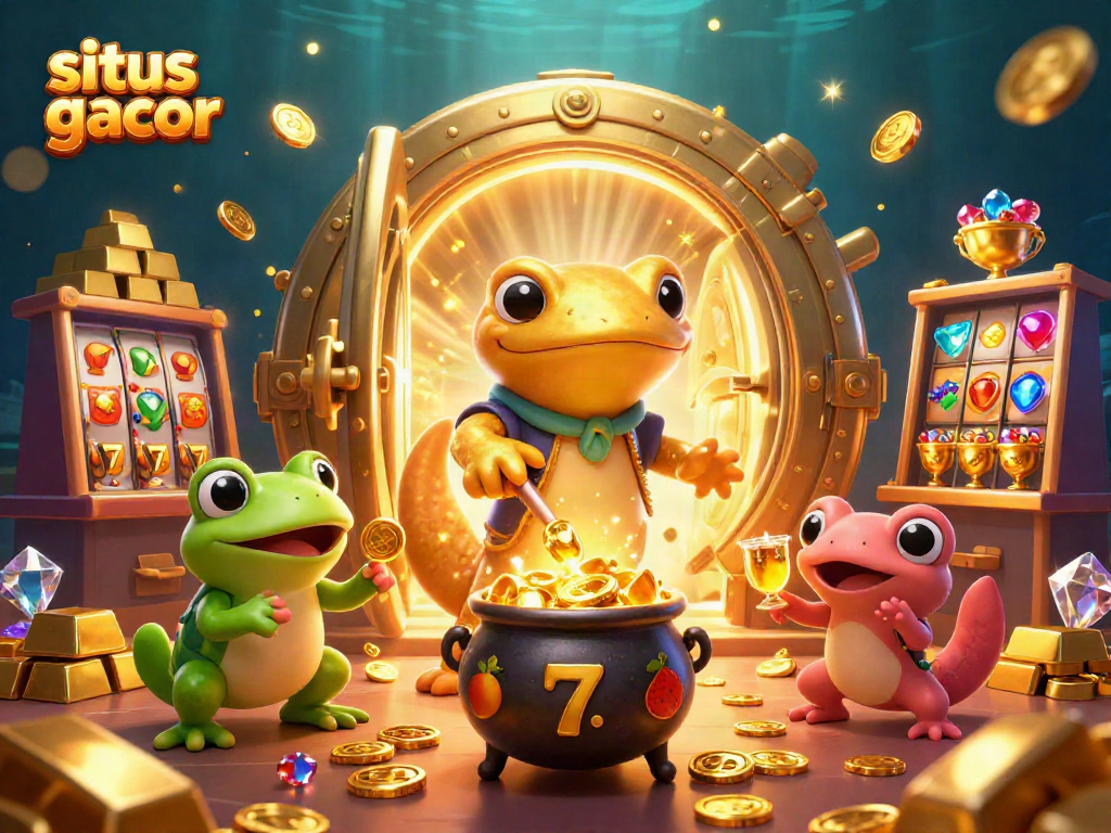Spin the reels of situs slot gacor for treasure in a 3D whimsical casino scene.