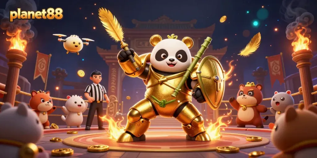 Engaging scene where planet88's mech-suit golden panda battles in a dynamic arena with elements depicting excitement and gaming