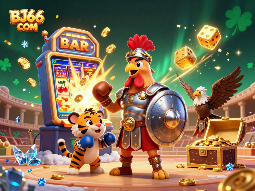 Experience live betting excitement at BJ66 COM with an action-packed 3D casino scene featuring rooster warriors and dynamic gaming elements.