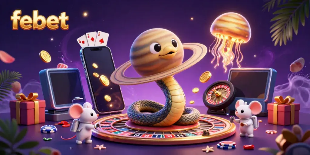Bet on Saturn's rings with febet's cosmic casino featuring vibrant games and playful astronauts.