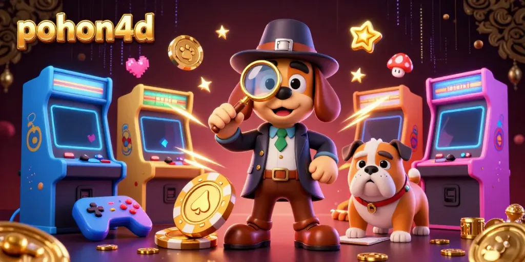 Pohon4D's vibrant casino scene featuring a detective bloodhound and its bulldog companion analyzing clues.