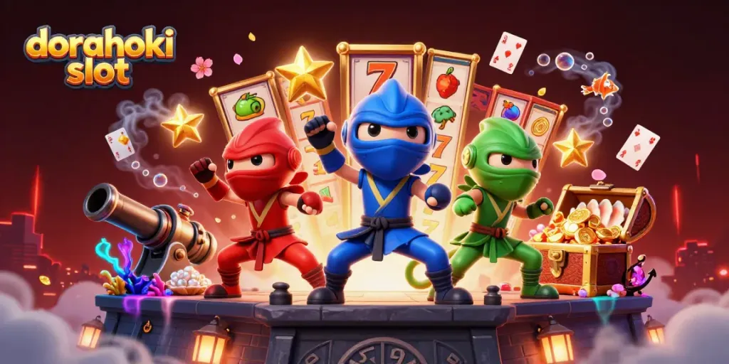 Menangkan hadiah dengan dorahoki slot yang dikelilingi karakter chameleon ninja yang beraksi.