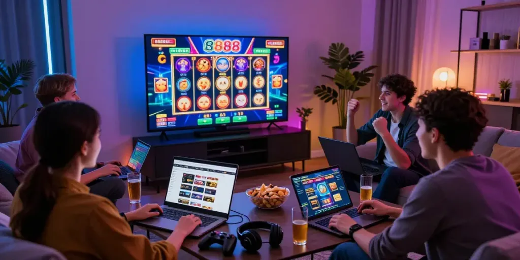 Join friends in an exciting slot88 gaming night, showcasing vibrant LED lights and immersive atmosphere.