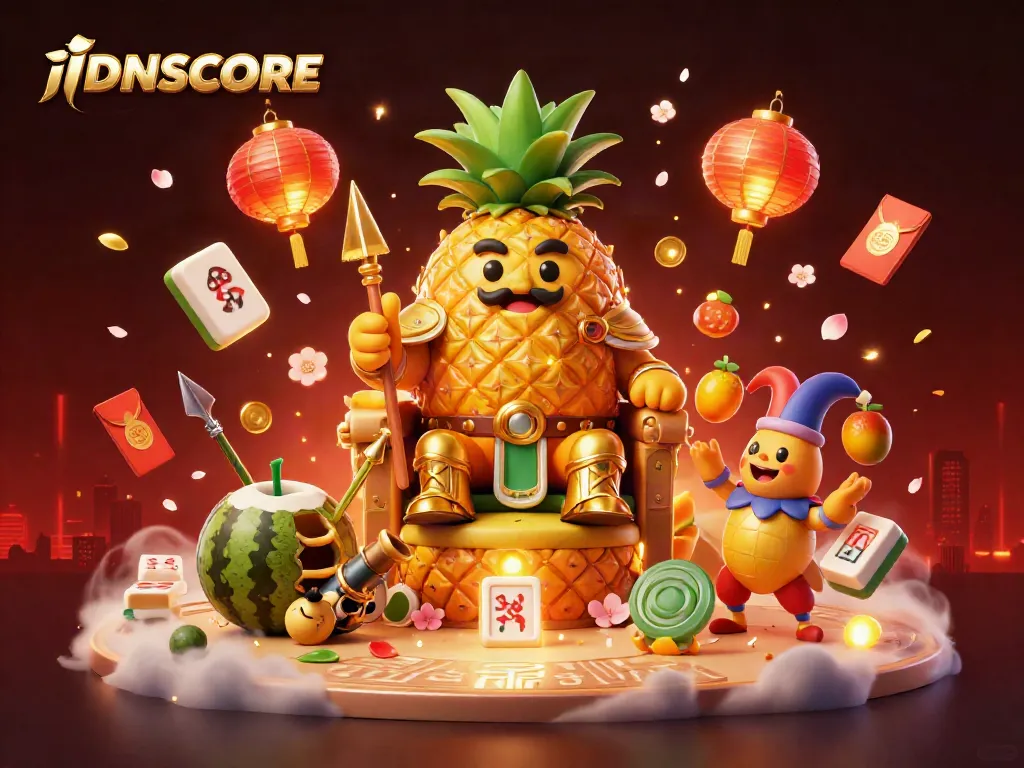 Engage in the IDNSCORE casino adventure with the golden pineapple king and vibrant beach scene elements.
