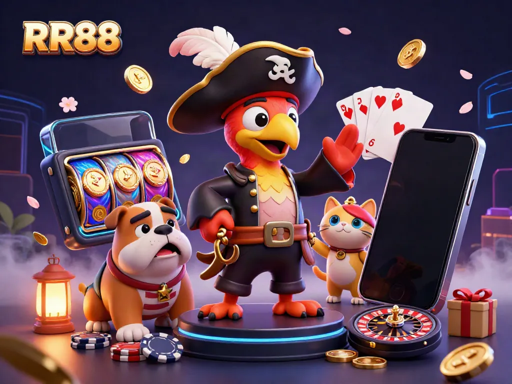 The lively scene of pirate-themed RR88 gaming features characters navigating vibrant slot games amidst a treasure trove of gaming elements.