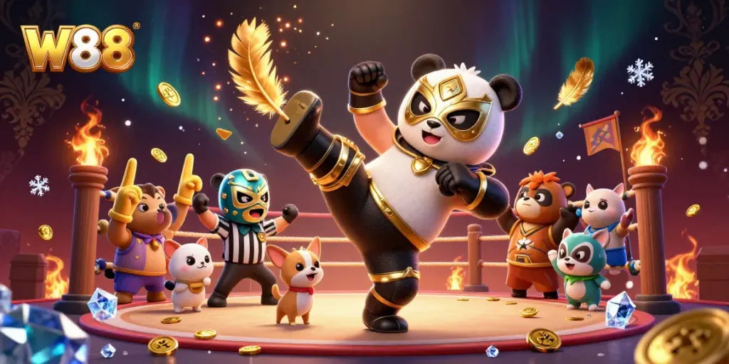 W88 promotes an exciting cartoon wrestling scene with panda and chihuahua amidst casino elements.