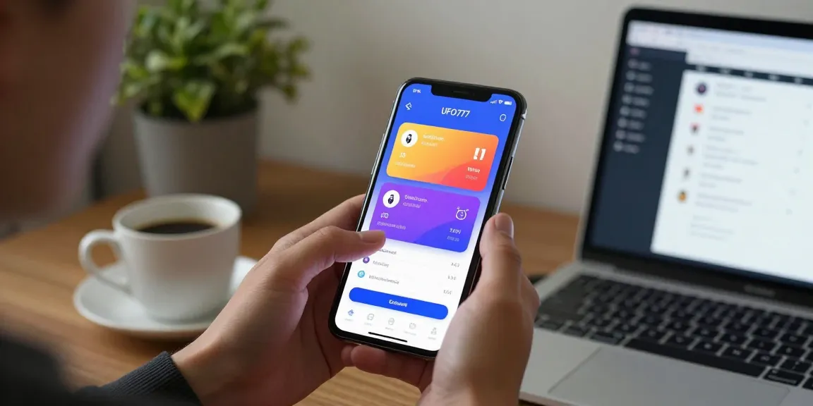 Pengguna mengakses aplikasi UFO777 di smartphone, menunjukkan login dan jadwal pertandingan dari https://ufoapk.id/.