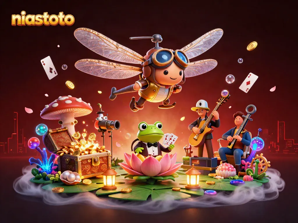 Permainan seru di kasino lily pad oleh niastoto, diatur oleh croupier katak dalam suasana berwarna-warni dan kehidupan laut.