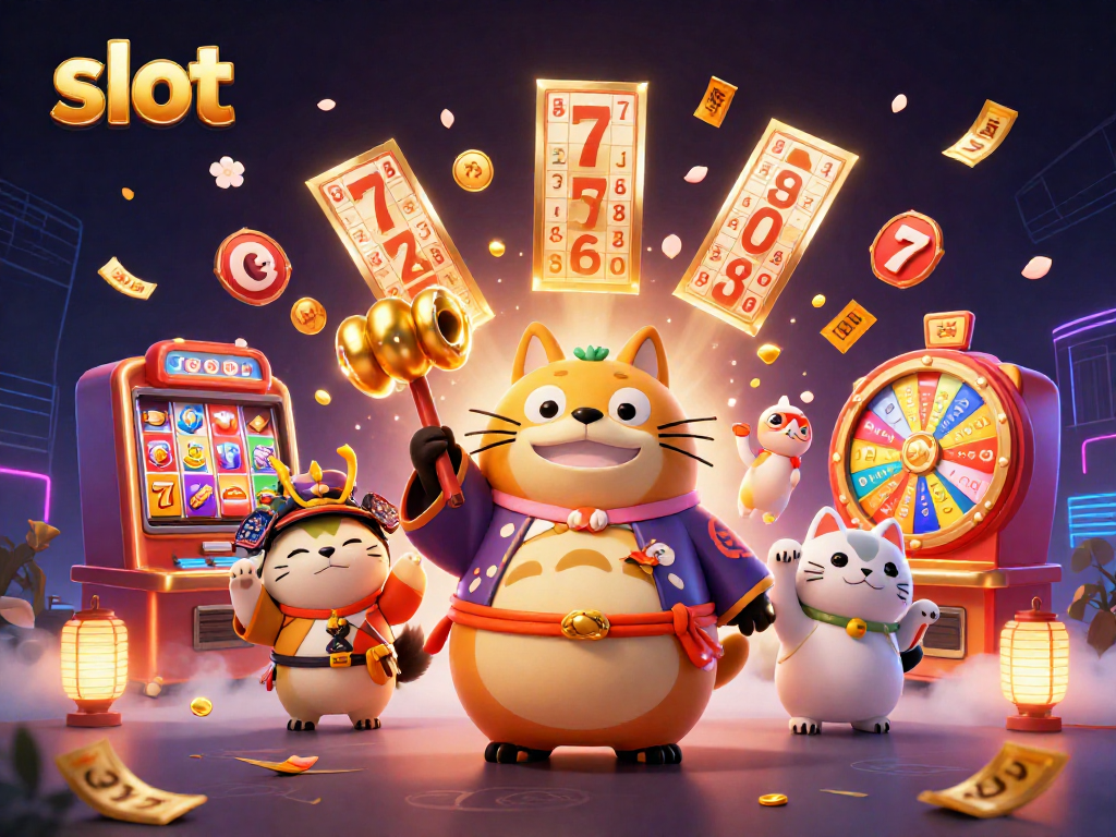 Memenangkan slot dengan tanuki bahagia dan elemen perjudian menarik di latar belakang.