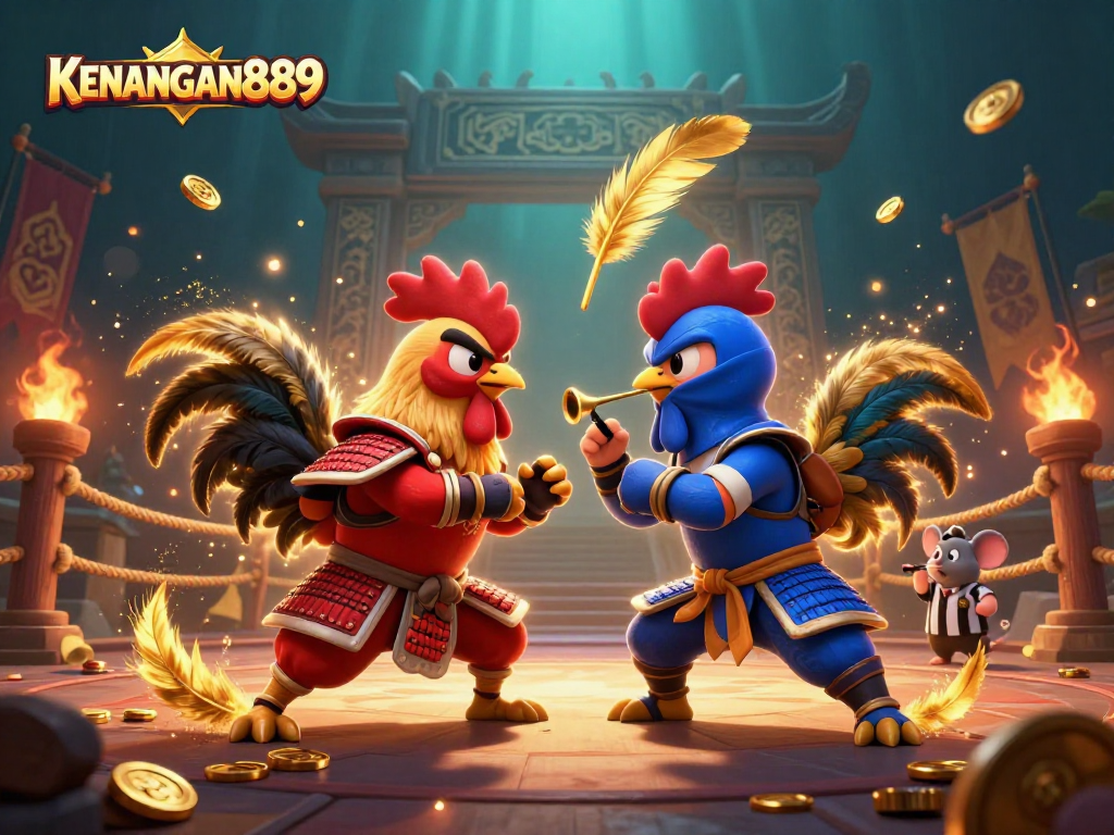 Explore exciting gameplay with KENANGAN889 as fighting roosters clash in a colorful casino arena.
