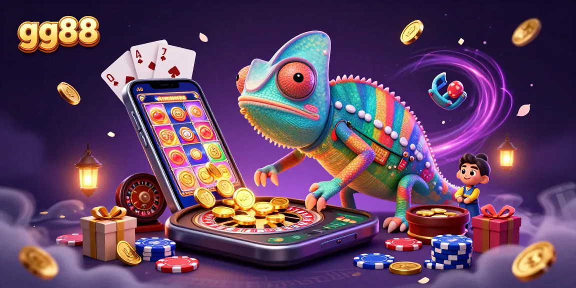 Experience gg88's vibrant casino scene with a chameleon owner, golden coins, and colorful slot games.