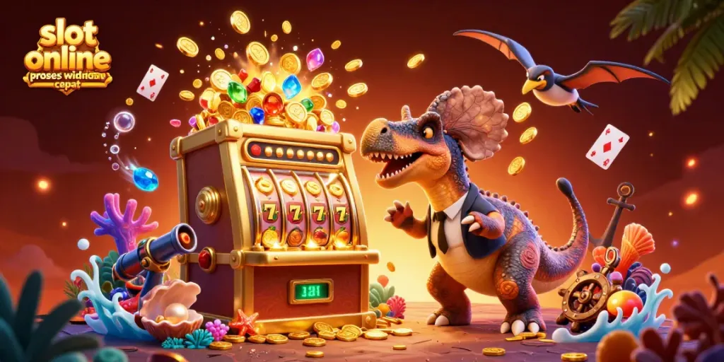 Experience slot online proses withdraw cepat as a dinosaur busts a slot machine, making golden coins fly