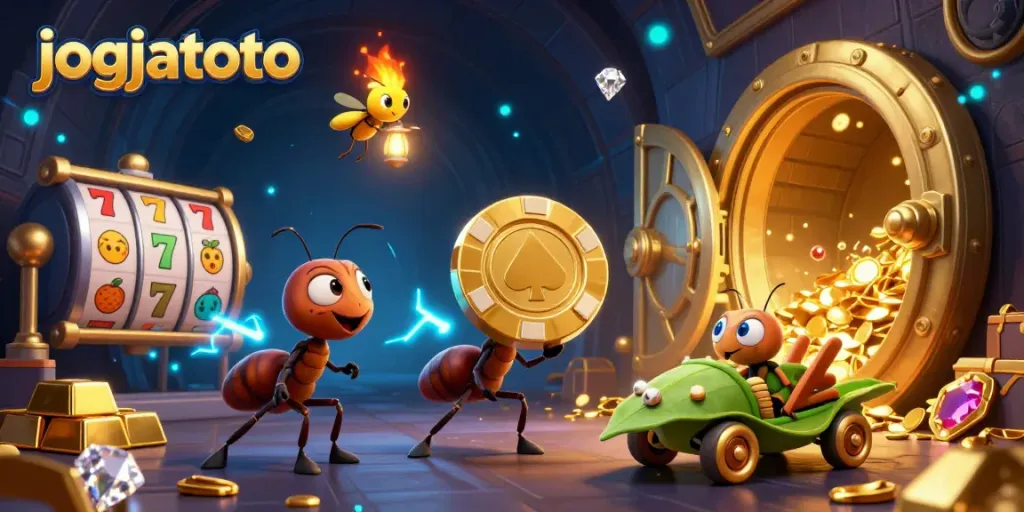 Engaging illustration showcasing jogjatoto with ants carrying a massive poker chip amid sparkling gems and vibrant casino elements.