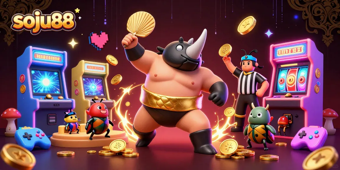 Engaging soju88 illustration featuring a rhinoceros beetle sumo champion amidst vibrant casino elements.