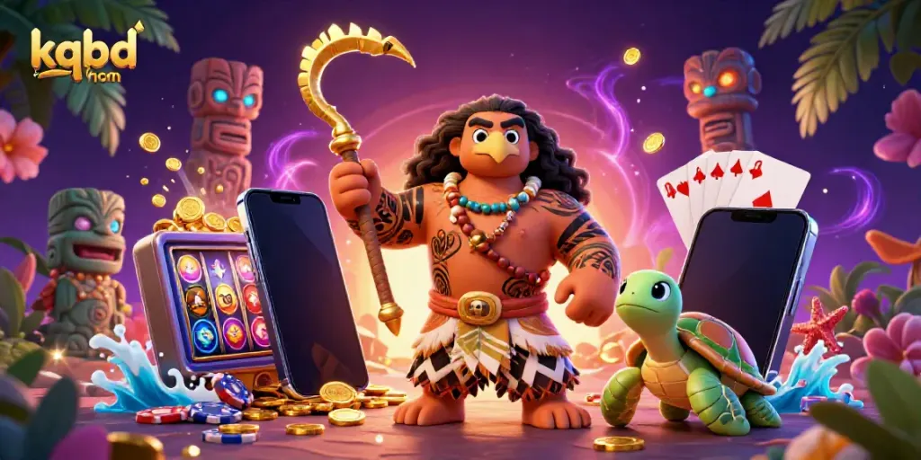 Engage with kqbd hom's vibrant 3D casino scene featuring a demigod hawk and turtle, amidst dynamic game elements.