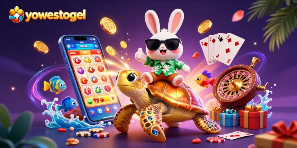 Win exciting games with yowestogel as a lucky rabbit rides a golden turtle amidst vibrant casino elements.