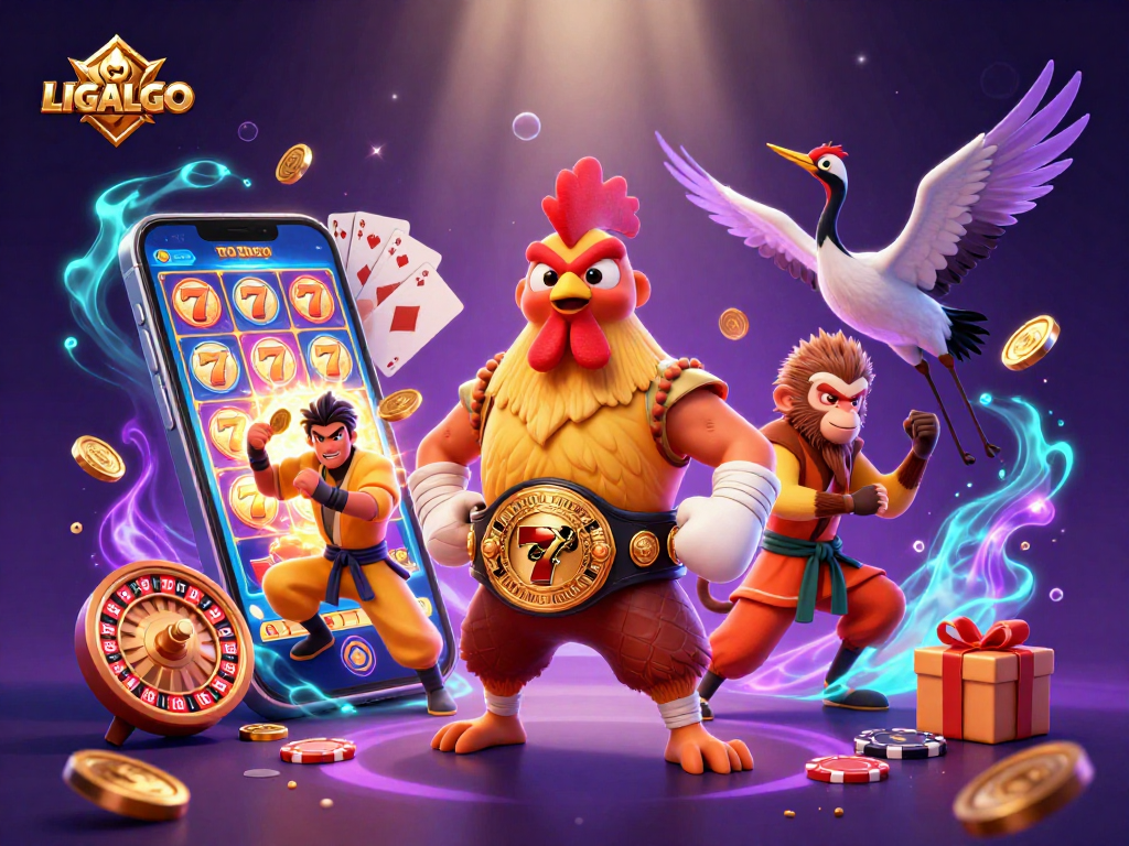LIGALGO presents an exciting 3D scene with vibrant characters and dynamic slot elements illustrating online gaming action.