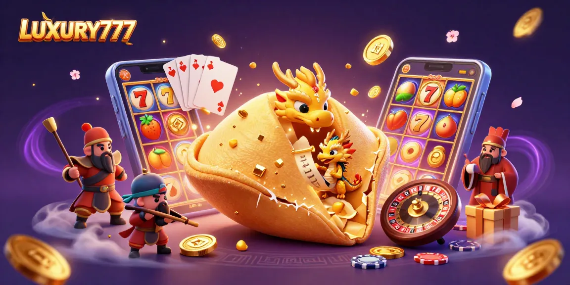 LUXURY777 menangkap keseruan permainan slot dengan ilustrasi 3D kue keberuntungan dan naga, di tengah tumpukan koin emas