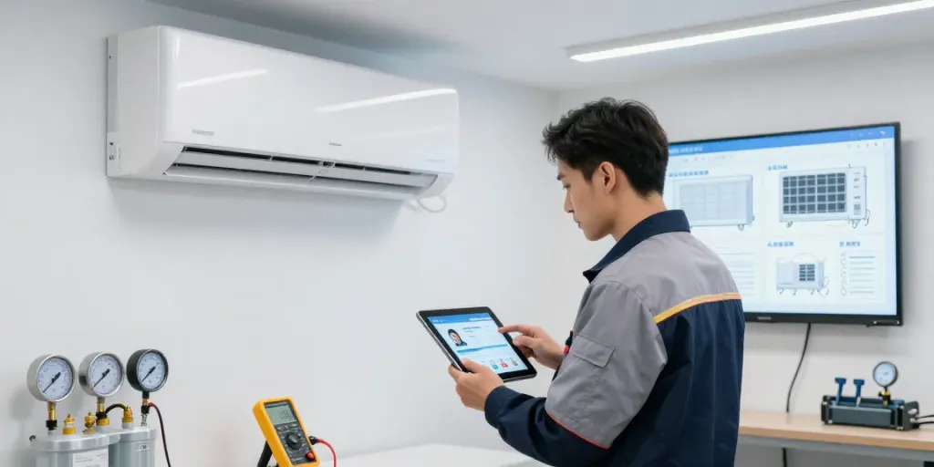 Teknisi DEWITOGEL mengatasi masalah AC dengan tablet di ruang kerja modern.