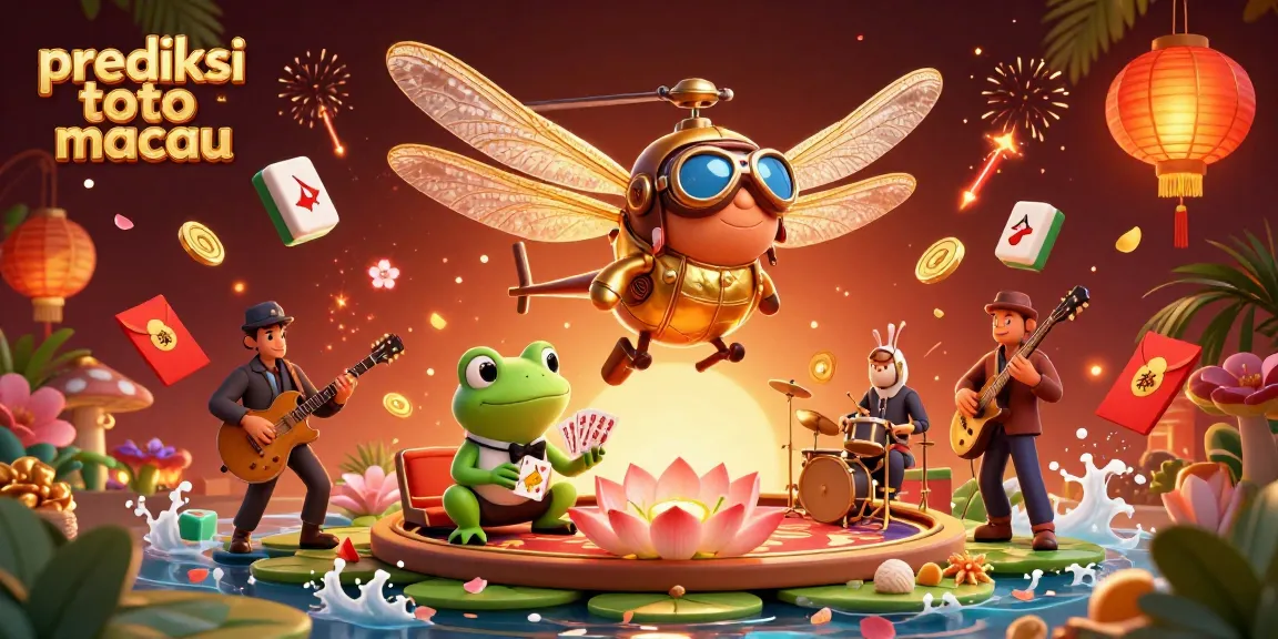 Experience thrilling moments with prediksi toto macau in a vibrant casino scene featuring a dragonfly pilot and frog croupier.