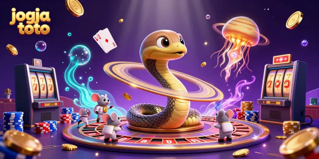 Experience the excitement of jogja toto with astronauts betting on a cosmic roulette wheel in a colorful casino scene.