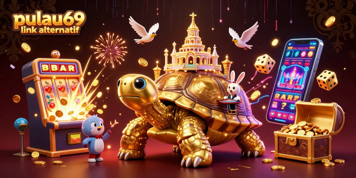 A dynamic 3D illustration of pulau69 link alternatif showcasing a giant golden tortoise casino with flying golden coin birds.