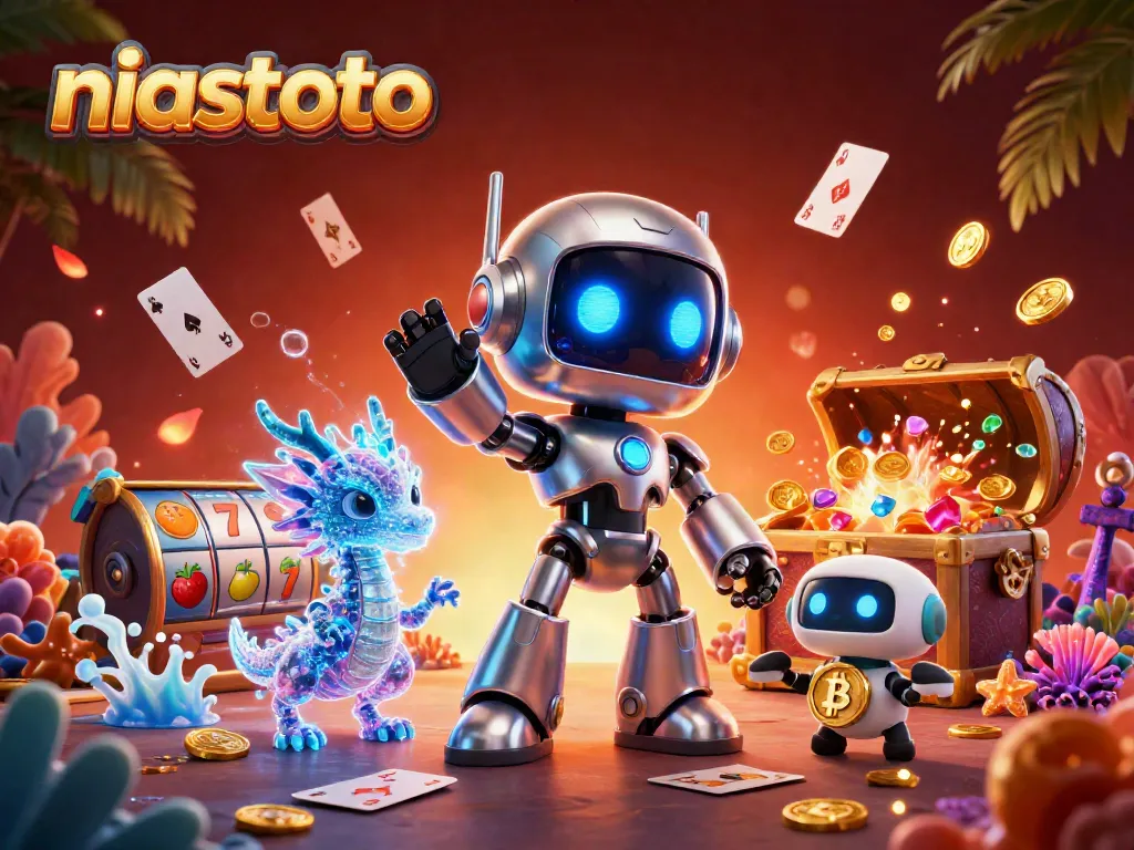 Play exciting slot games with niastoto featuring a cyberpunk mascot, a holographic dragon, and rich gaming elements.