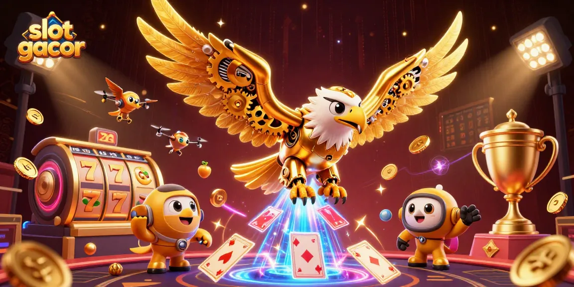 Raih hadiah besar dengan slot gacor, simbol slot dan jackpot mengelilingi elang emas cybernetic.