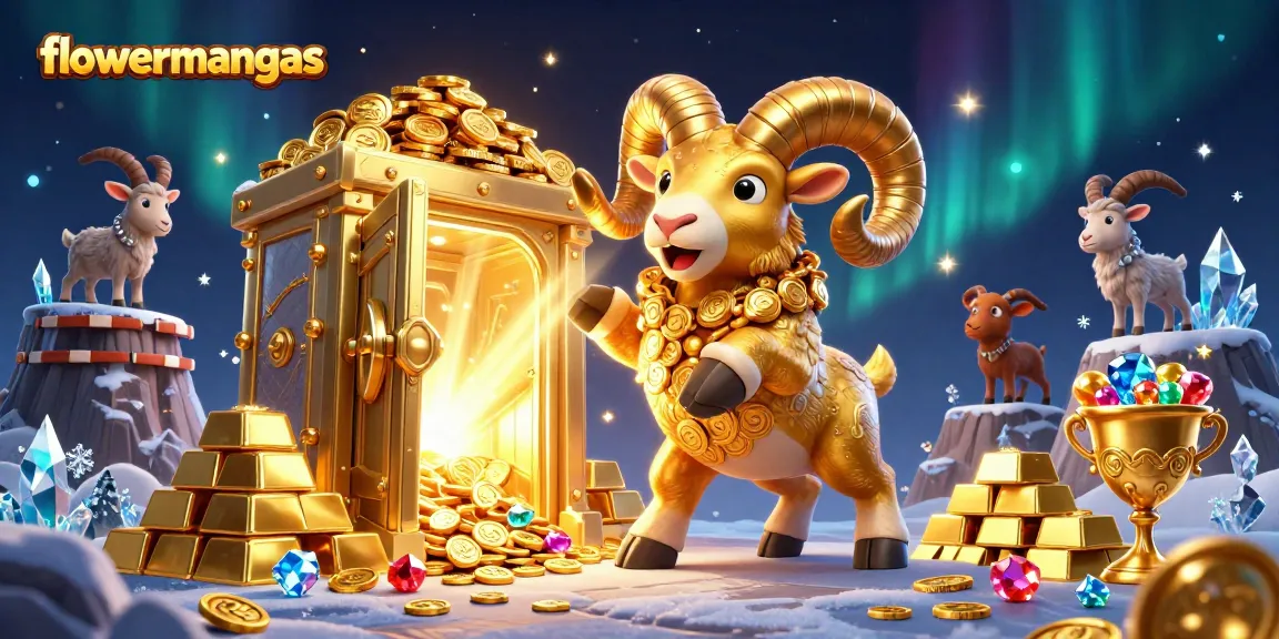 Experience thrilling moments with flowermangas showcasing a golden ram charging into a golden gate amid glittering treasures.