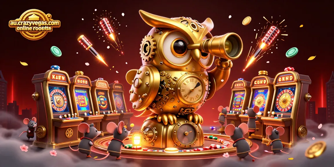 Experience the thrill of au.crazyvegas.com online roulette with a vibrant 3D casino scene featuring an owl and roulette wheels.