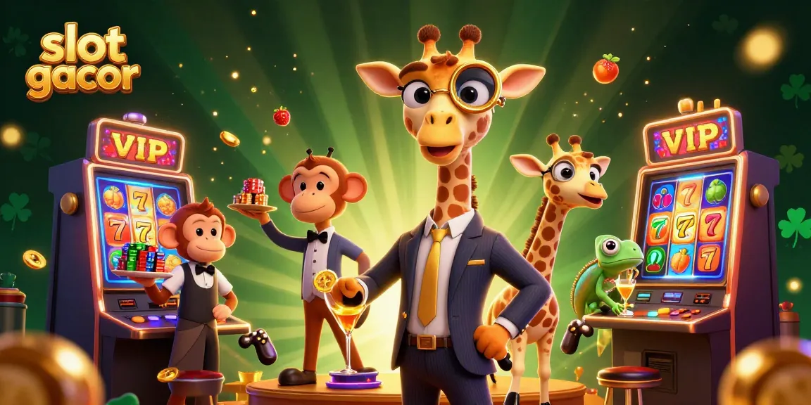 Permainan slot gacor: ilustrasi 3D kartun dengan jerapah, pelayan monyet, dan bartender kukang.