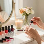 Aplikasi cat kuku LUXURY12 pada suasana elegan di rumah dengan produk kecantikan berkilau.