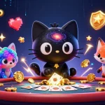 Menggunakan sahamtoto, ikuti pengalaman bermain kasino dengan karakter kucing hitam 3D di meja.