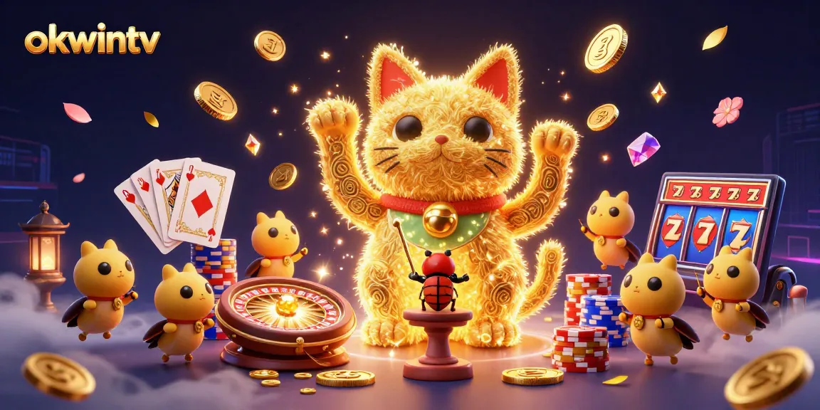 Experience thrilling gambling action with Okwintv’s vibrant lucky cat illustration showcasing the essence of casino entertainment.