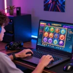 Pengguna sedang login LUXURY777 di laptop modern, kamar gaming terang dengan aksesori dan suasana menyenangkan.