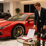Mobil mewah LUXURY 777 di showroom Dubai, pelanggan mengenakan pakaian rapi sedang mengecek mobil merah yang mengesankan.