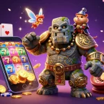 No deposit bonuses at Australian casinos showcased with a magical golem, fairy, and hamster, surrounded by vibrant gaming elements.