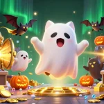 Experience the thrills of VM777 casino with a ghost cat and vampire bat in a vibrant haunted setting.