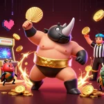 Engaging soju88 illustration featuring a rhinoceros beetle sumo champion amidst vibrant casino elements.
