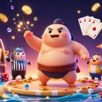 Fitur slothoki dengan mesin slot, koin emas, dan ikan fugu bersaing di dunia kasino.