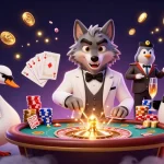 Participate in exciting games at mb66 with an animated wolf, swan, and penguin in a casino scene.