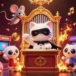 situs togel memperlihatkan kucing putih berpenutup di kasino dengan mesin permainan berwarna-warni