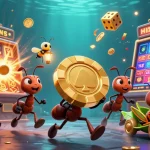 Ant tim 3D gboslot mencuri chip poker emas sambil dikelilingi mesin slot dan simbol keberuntungan.