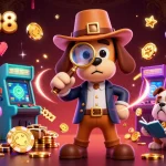 Join the adventure with lucky88 as cartoon detectives solve clues in a vibrant casino scene.