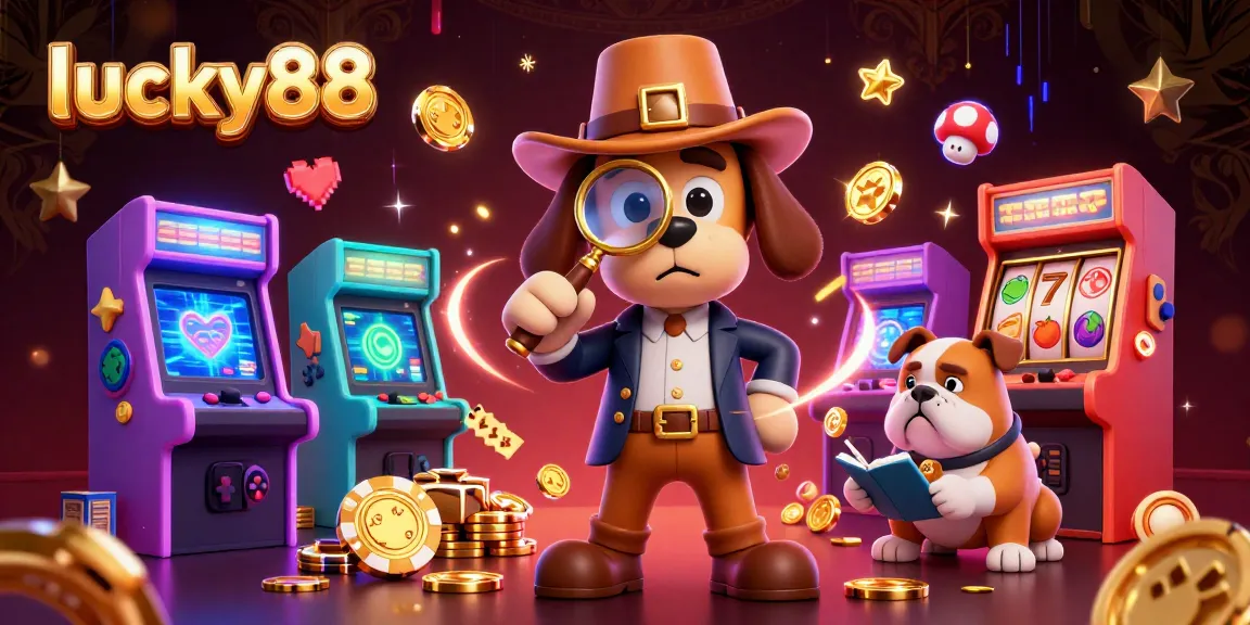 Join the adventure with lucky88 as cartoon detectives solve clues in a vibrant casino scene.